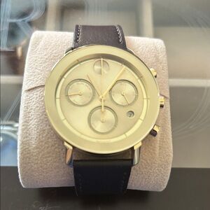 Movado Gold Chronograph Watch with Black Leather Strap